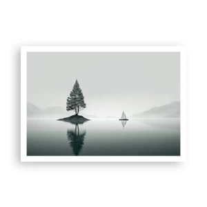 Poster - Eine minimalistische Landschaft mit einem Baum auf einer Insel und einem Segelboot. - 100x70cm - Traum - Moderne Wanddekoration für Wohnzimmer und Schlafzimmer ARTTOR