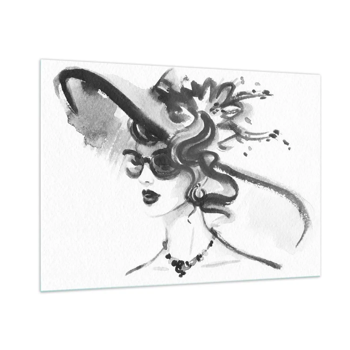 Glasbild - Bild auf glas - Schwarz-Weiß-Porträt einer Frau mit Hut - 100x70cm - Eine Dame mit Charakter - Moderne Wanddekoration für Wohnzimmer und Schlafzimmer ARTTOR