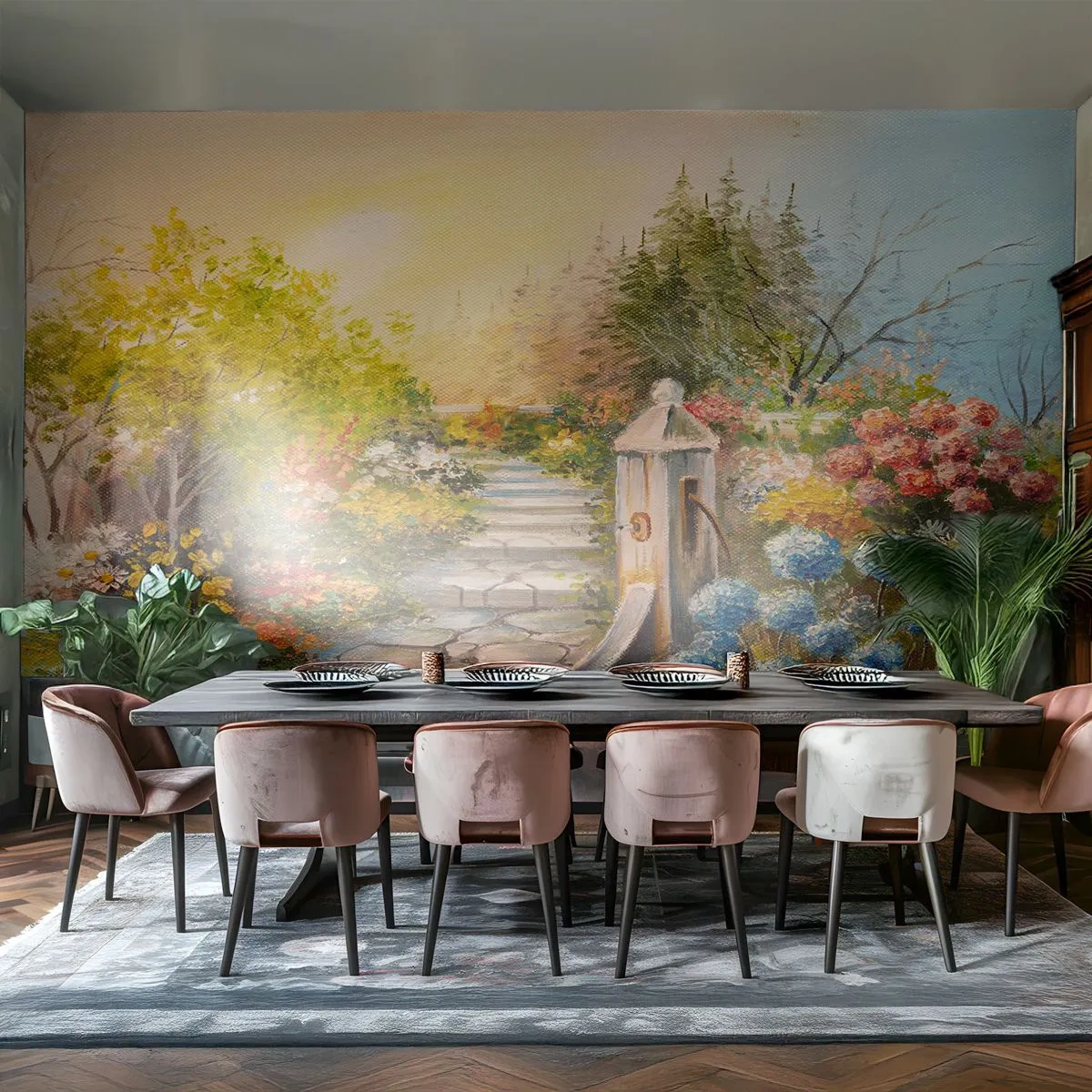 Fototapete Premium Canvas - Ein malerischer Garten mit einem Brunnen und bunten Blumen - 100x70cm - In voller Blüte - Moderne Wanddekoration für Wohnzimmer und Schlafzimmer ARTTOR