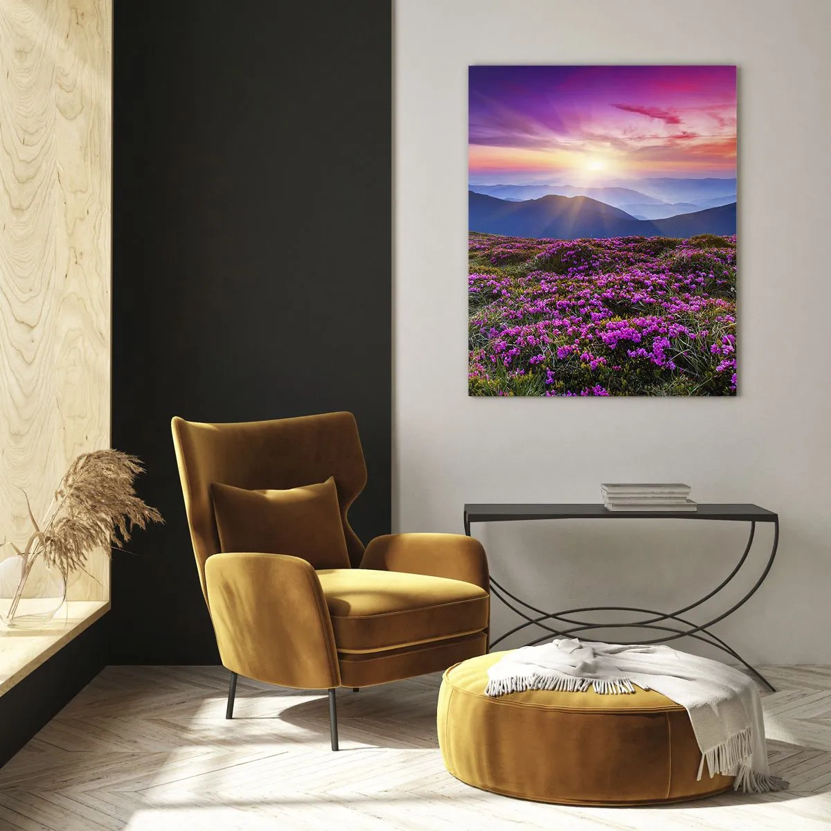 Glasbild - Bild auf glas - Bergwiese mit Blumen bei Sonnenuntergang - 80x120cm - Kräuter dufteten nach frischen Trauben von den Feldern - Moderne Wanddekoration für Wohnzimmer und Schlafzimmer ARTTOR