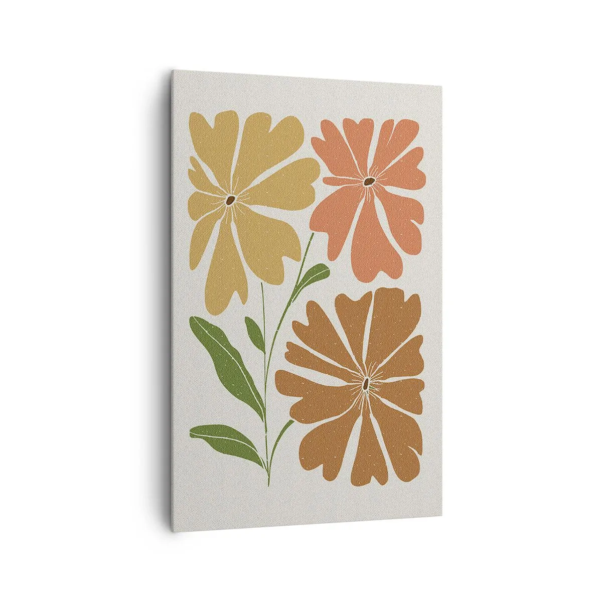 Bild auf Leinwand - Leinwandbild - Drei Blumen in warmen Farben auf hellem Hintergrund - 80x120cm - Natur und Geometrie - Moderne Wanddekoration für Wohnzimmer und Schlafzimmer ARTTOR