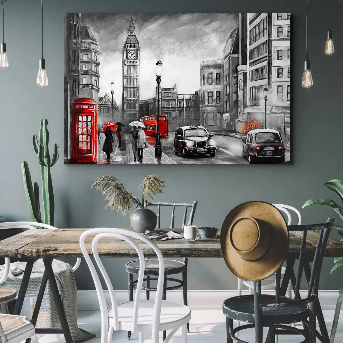 Bild auf Leinwand - Leinwandbild - Eine Londoner Szene in Schwarzweiß mit roten Akzenten - 70x50cm - Gar keine graue Stadt - Moderne Wanddekoration für Wohnzimmer und Schlafzimmer ARTTOR