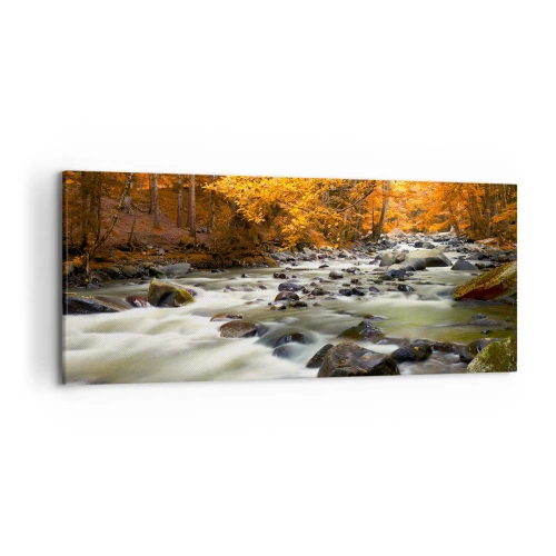 Bild auf Leinwand - Leinwandbild - Ein Bach in einem herbstlichen Wald, umgeben von goldenen Blättern - 120x50cm - Ein Bach in einem goldenen Wald - Moderne Wanddekoration für Wohnzimmer und Schlafzimmer ARTTOR
