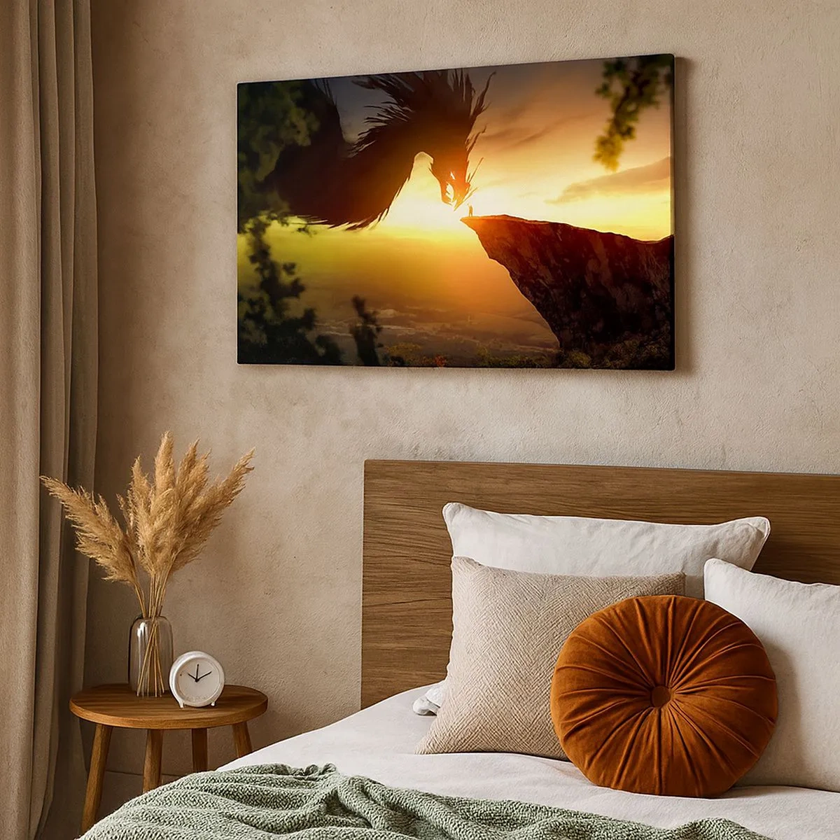 Bild auf Leinwand - Leinwandbild - Ein Drache und ein Mann auf einem Felsen im Schein der untergehenden Sonne - 70x50cm - Drachentöter - Moderne Wanddekoration für Wohnzimmer und Schlafzimmer ARTTOR