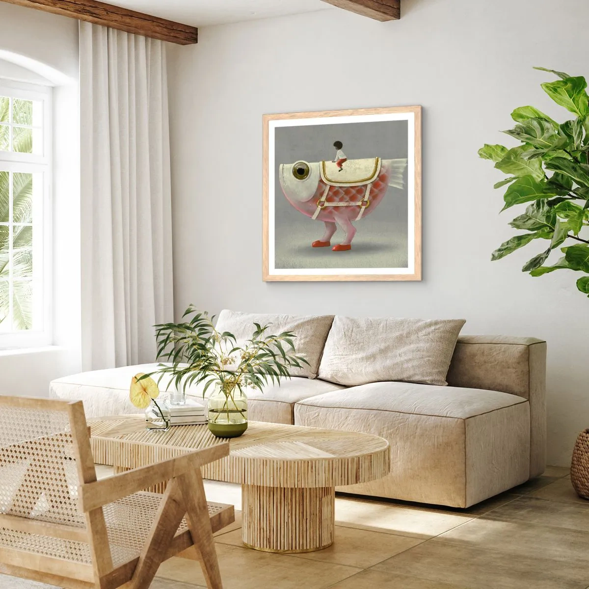 Poster in einem Rahmen aus heller Eiche - Reiter auf einem surrealen Fisch - 60x60 cm