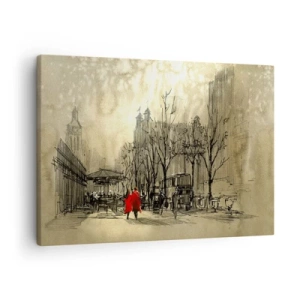 Bild auf Leinwand - Leinwandbild - Eine rote Figur in einer nostalgischen urbanen Umgebung - 70x50cm - Ein Date im Londoner Nebel - Moderne Wanddekoration für Wohnzimmer und Schlafzimmer ARTTOR