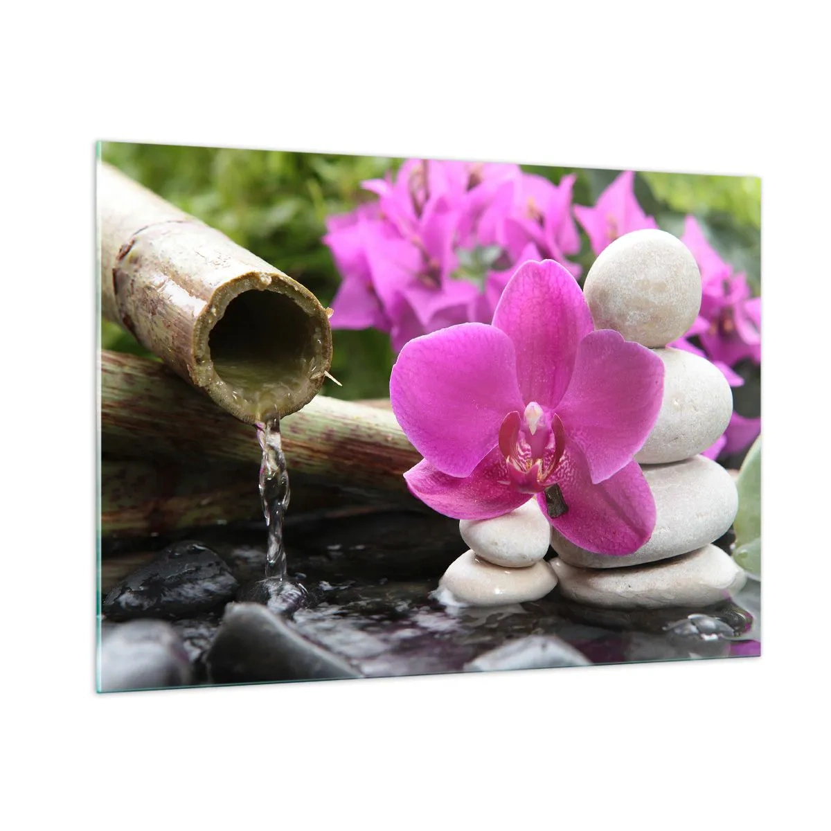 Glasbild - Bild auf glas - Lila Orchidee, Steine und Bambus-Wasserfall - 100x70cm - Du ruhst dich schon aus - Moderne Wanddekoration für Wohnzimmer und Schlafzimmer ARTTOR