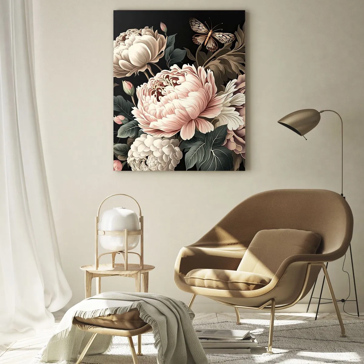 Glasbild - Bild auf glas - Ein Strauß rosa Blumen und Schmetterlinge auf schwarzem Hintergrund - 70x100cm - Im Barockstil - Moderne Wanddekoration für Wohnzimmer und Schlafzimmer ARTTOR