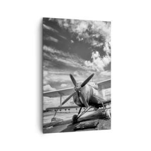 Bild auf Leinwand - Leinwandbild - Ein altes Flugzeug auf dem Flughafen in Schwarz und Weiß - 80x120cm - Ich kann es kaum erwarten! - Moderne Wanddekoration für Wohnzimmer und Schlafzimmer ARTTOR