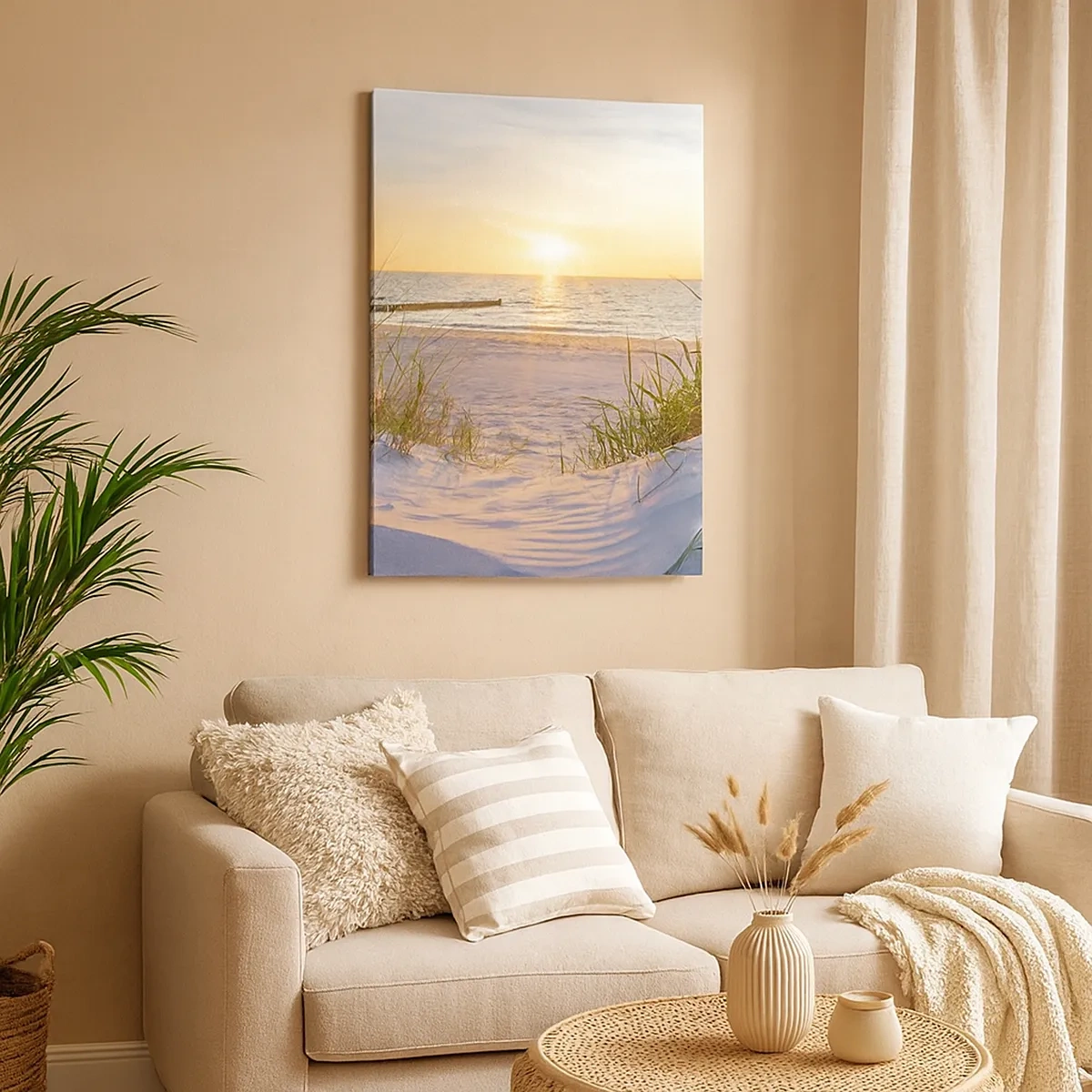 Bild auf Leinwand - Leinwandbild - Ein Sandstrand mit Blick auf den Sonnenuntergang über dem Meer - 50x70cm - Das Rauschen des Meeres, der Gesang der Vögel, ein wilder Strand im Gras ... - Moderne Wanddekoration für Wohnzimmer und Schlafzimmer ARTTOR