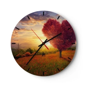 Wanduhr - Glasuhr - Landschaft mit einem roten herzförmigen Baum bei Sonnenuntergang - 30x30cm - Berührt das Herz - Moderne Wanddekoration für Wohnzimmer, Küche und Schlafzimmer ARTTOR