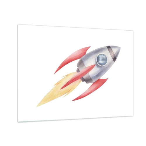 Glasbild - Bild auf glas - Eine bunte Rakete fliegt durch den Weltraum - 70x50cm - Höher, schneller, weiter - Moderne Wanddekoration für Wohnzimmer und Schlafzimmer ARTTOR