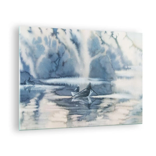 Glasbild - Bild auf glas - Zwei Fischer auf einem Boot, umgeben von einer nebligen Landschaft - 70x50cm - Angler in ihrem Paradies - Moderne Wanddekoration für Wohnzimmer und Schlafzimmer ARTTOR