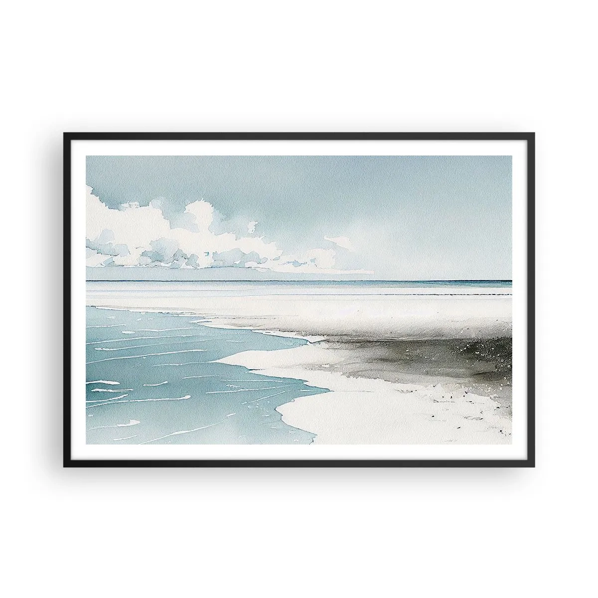Poster in einem schwarzem Rahmen - Ruhiges Meer und Strand in hellen Blautönen - 100x70cm - Sanfte Flut - Moderne Wanddekoration für Wohnzimmer und Schlafzimmer ARTTOR