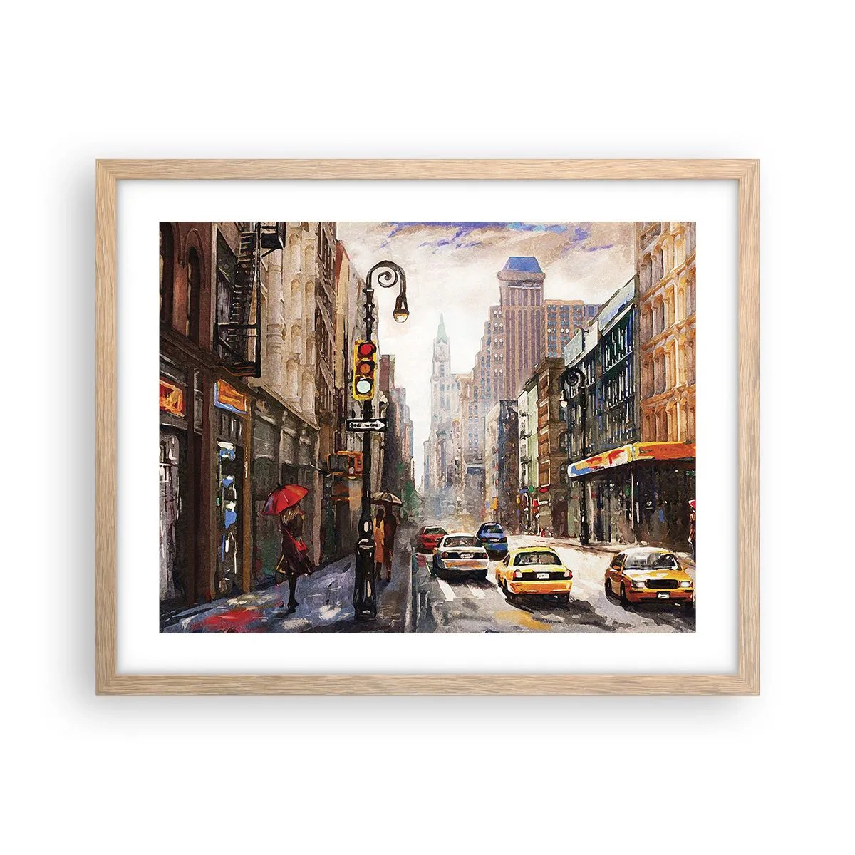Poster in einem Rahmen aus heller Eiche - New York - auch im Regen bunt - 50x40 cm