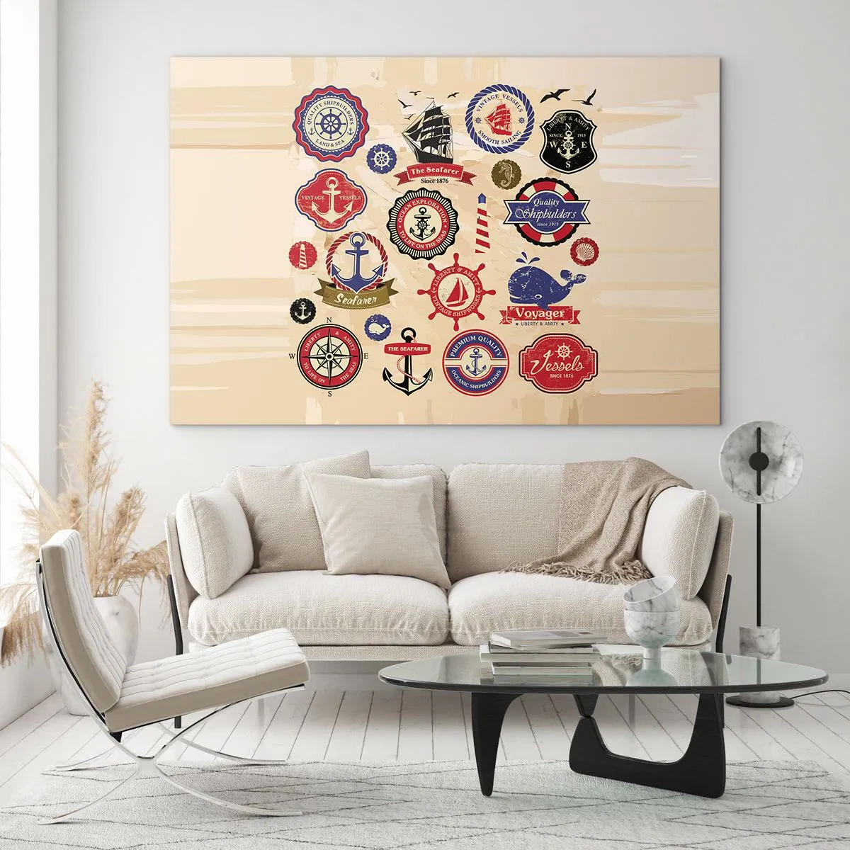 Glasbild - Bild auf glas - Nautische Embleme und Symbole auf beigem Hintergrund - 100x70cm - Segelbruderschaft - Moderne Wanddekoration für Wohnzimmer und Schlafzimmer ARTTOR