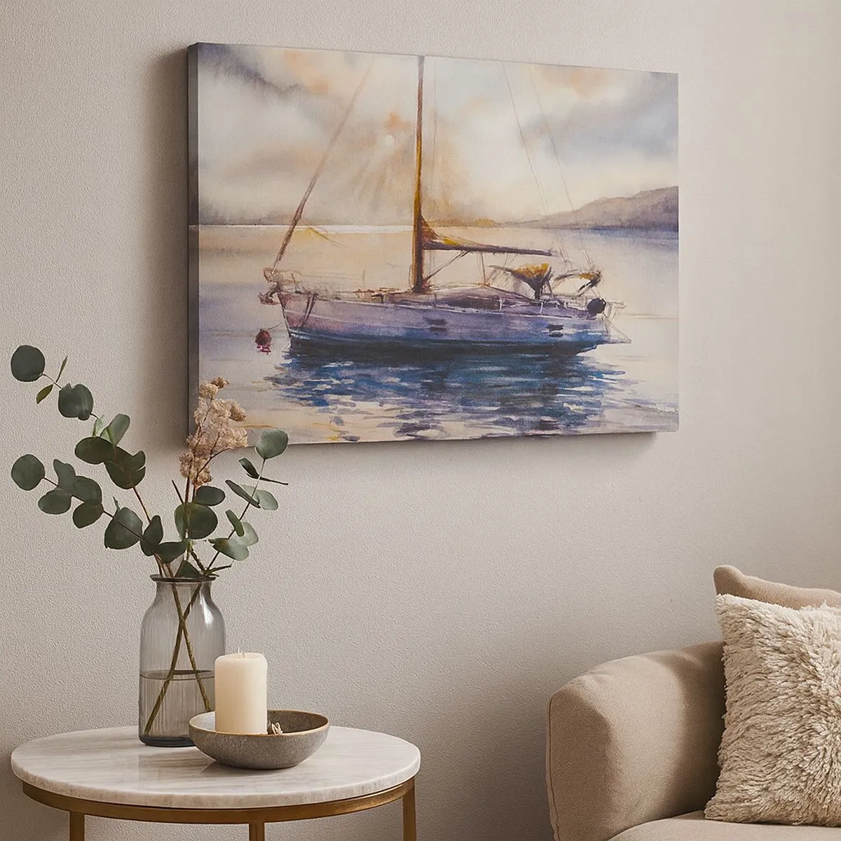 Bild auf Leinwand - Leinwandbild - Eine Yacht auf ruhigem Meer bei Sonnenuntergang - 70x50cm - Abend in der Bucht - Moderne Wanddekoration für Wohnzimmer und Schlafzimmer ARTTOR