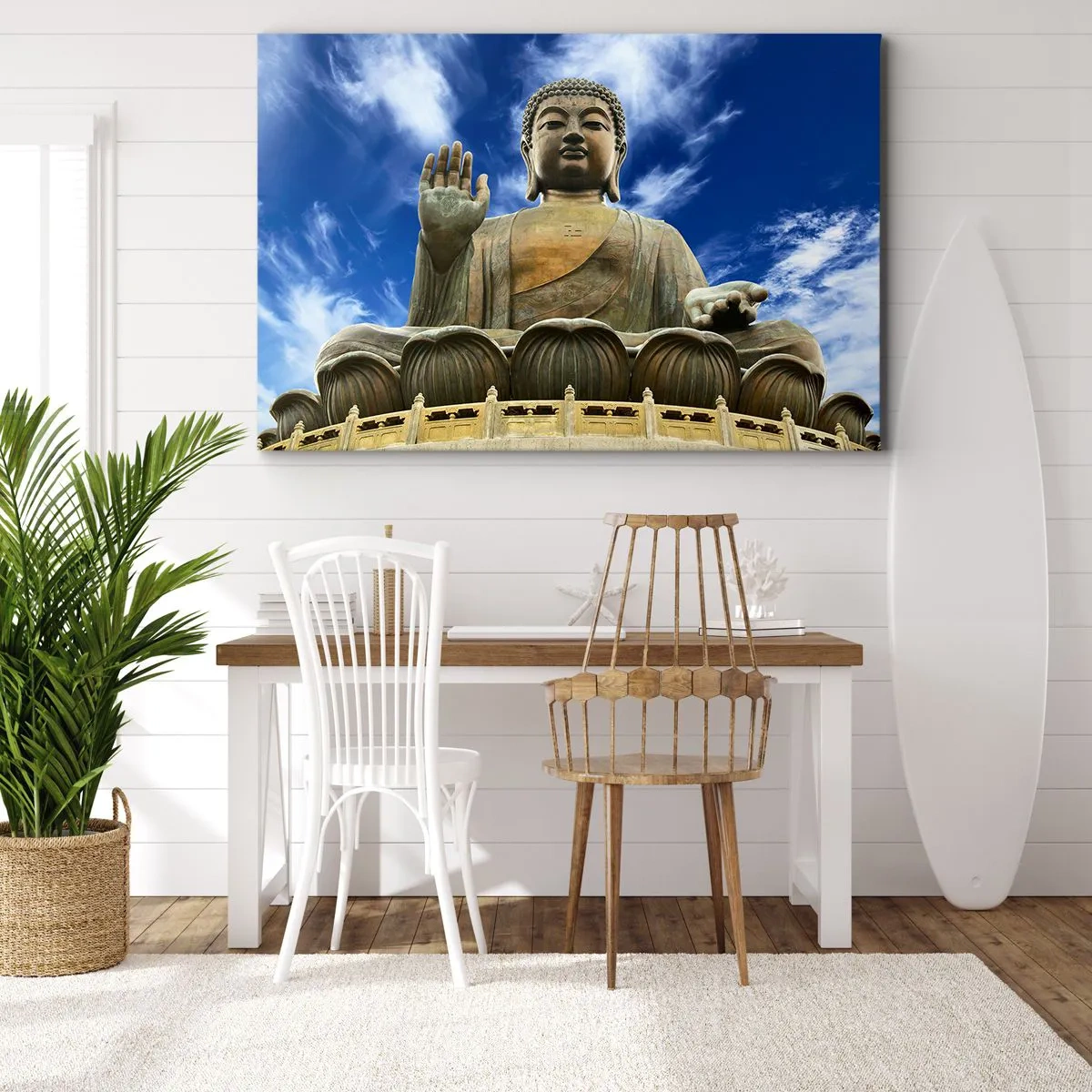 Bild auf Leinwand - Leinwandbild - Eine monumentale Buddha-Statue vor einem blauen Himmel mit Wolken - 120x80cm - Leben ohne Angst - Moderne Wanddekoration für Wohnzimmer und Schlafzimmer ARTTOR