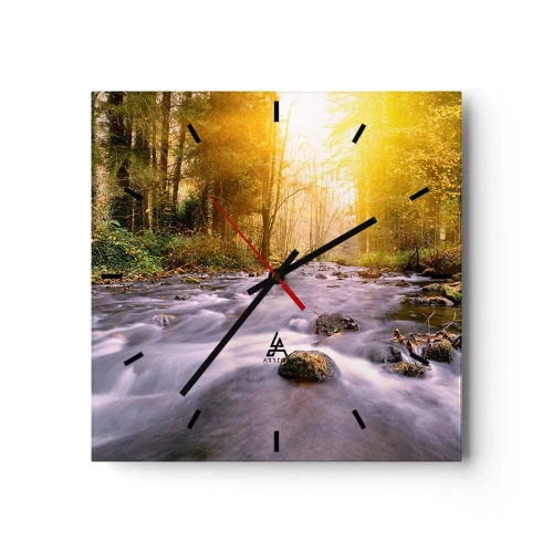 Wanduhr - Glasuhr - Ein Waldbach, beleuchtet von den Sonnenstrahlen - 30x30cm - Malachit im Silber- und Goldrahmen - Moderne Wanddekoration für Wohnzimmer und Schlafzimmer ARTTOR