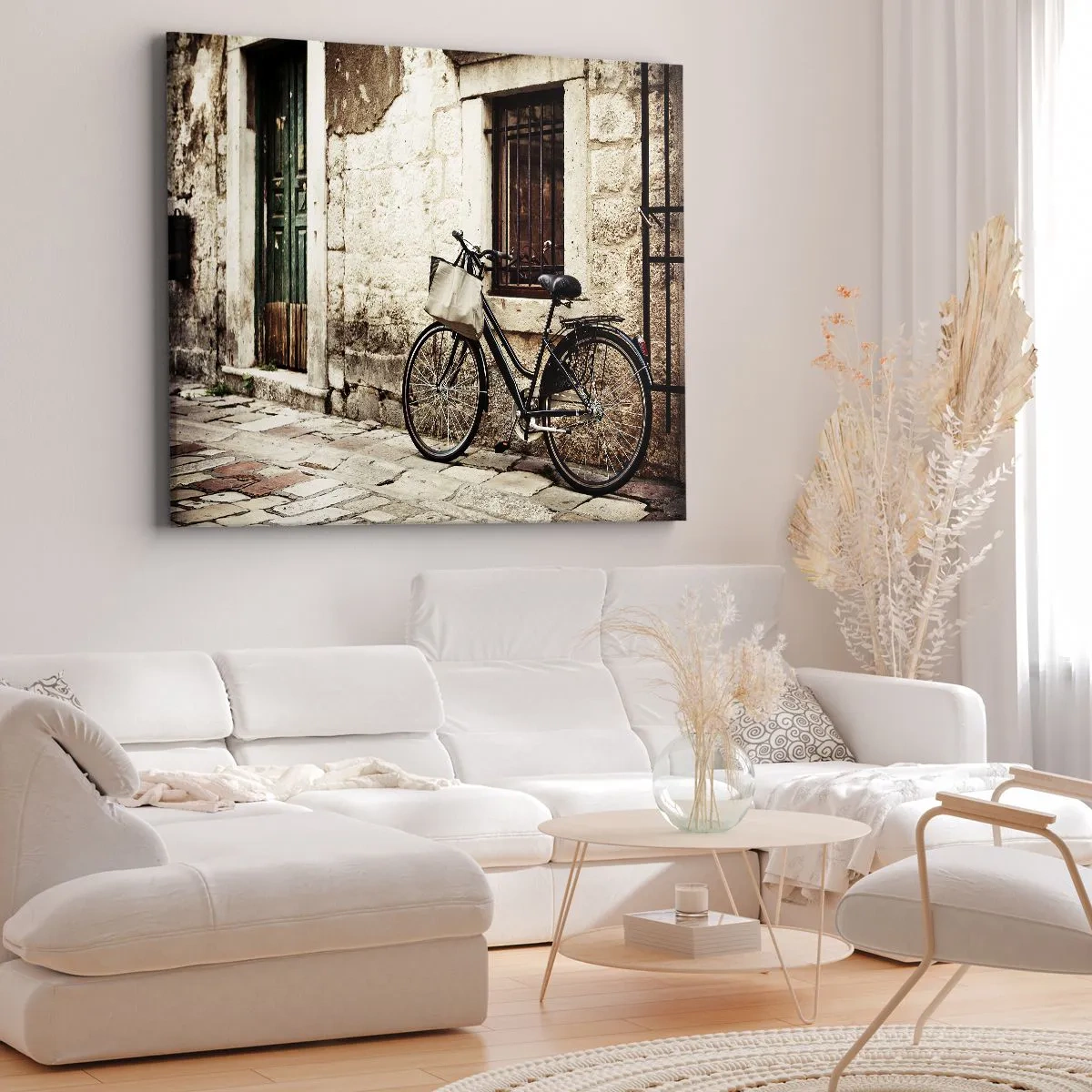 Bild auf Leinwand - Leinwandbild - Ein Fahrrad vor einer Steinmauer mit Fenster und Tür im Retro-Stil - 70x50cm - Zurück in die Vergangenheit - Moderne Wanddekoration für Wohnzimmer und Schlafzimmer ARTTOR