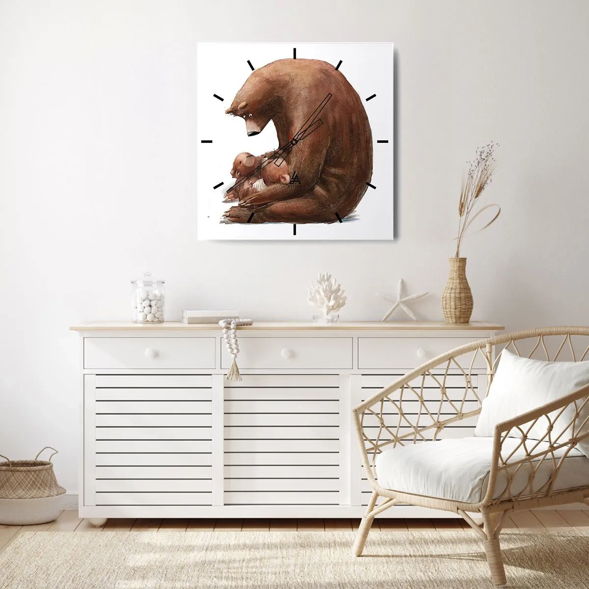 Wanduhr - Glasuhr - Eine Bärenmutter mit zwei kleinen Bären im Arm - 30x30cm - Süße Träume, Kinder - Moderne Wanddekoration für Wohnzimmer und Schlafzimmer ARTTOR