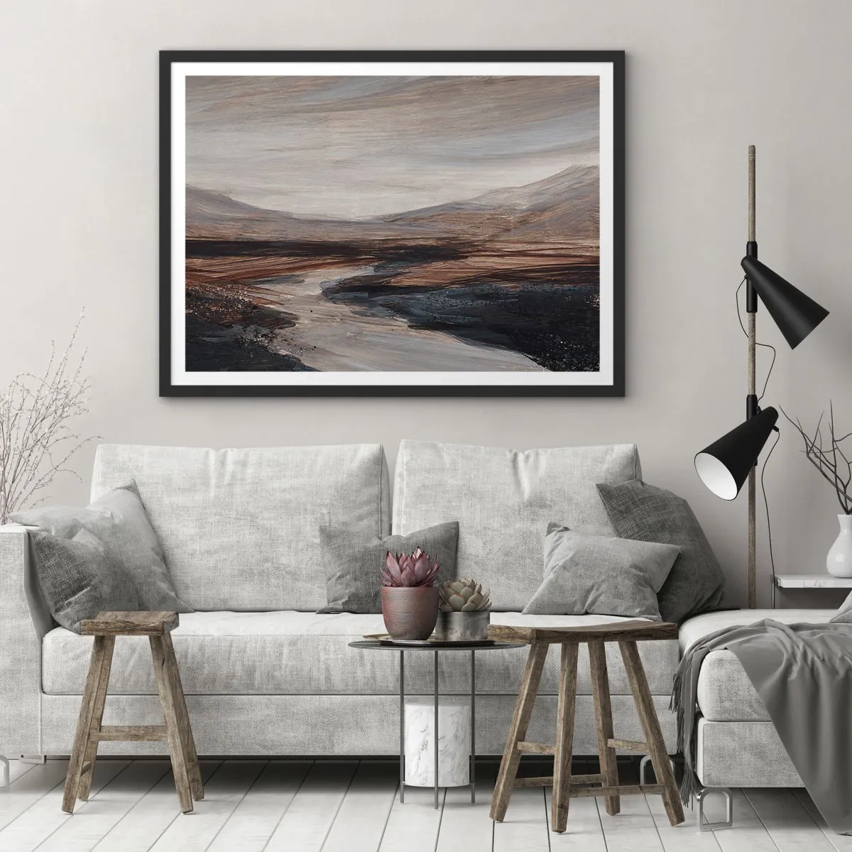 Poster in einem schwarzem Rahmen - Eine malerische Landschaft mit Fluss und Bergen - 70x50cm - Ruhiges Tal - Moderne Wanddekoration für Wohnzimmer und Schlafzimmer ARTTOR