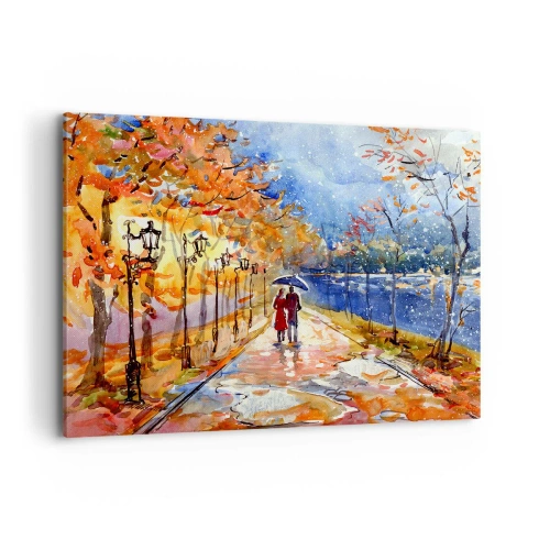 Bild auf Leinwand - Leinwandbild - Ein Herbstspaziergang im Park am Flussufer unter einem Regenschirm - 100x70cm - Gemeinsam bis an die Grenze der Zeit - Moderne Wanddekoration für Wohnzimmer und Schlafzimmer ARTTOR