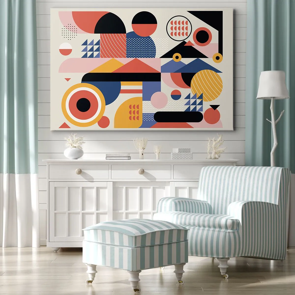 Bild auf Leinwand - Leinwandbild - Bunte geometrische Formen im Retro-Stil - 100x70cm - Komposition: Na, los, spiel! - Moderne Wanddekoration für Wohnzimmer und Schlafzimmer ARTTOR