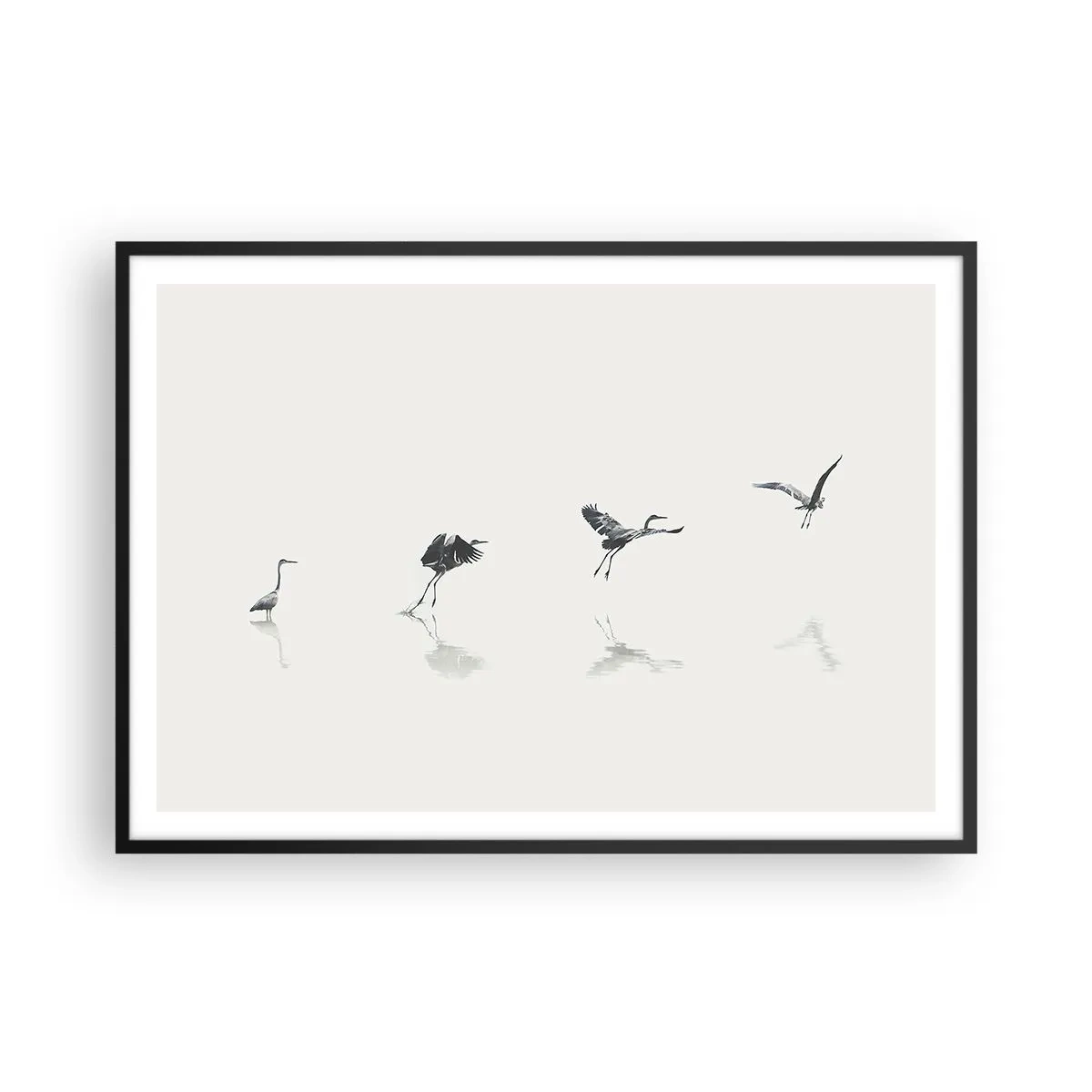 Poster in einem schwarzem Rahmen - Vier Vogelsilhouetten spiegeln sich im ruhigen Wasser - 100x70cm - Vier einfache Schritte - Moderne Wanddekoration für Wohnzimmer und Schlafzimmer ARTTOR
