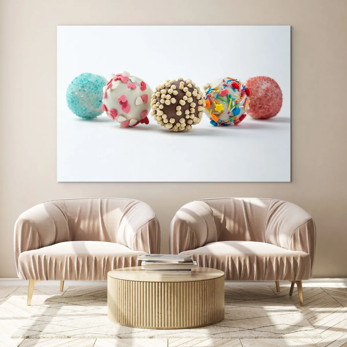Glasbild - Bild auf glas - Bunte Desserttrüffel mit dekorativen Streuseln - 70x50cm - Das Leben kann süß sein - Moderne Wanddekoration für Wohnzimmer und Schlafzimmer ARTTOR