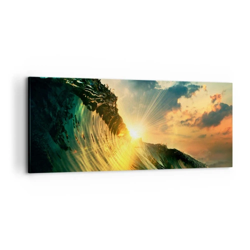 Bild auf Leinwand - Leinwandbild - Eine Welle mit untergehender Sonne und beleuchteten Wolken - 120x50cm - Surfer, wo bist du? - Moderne Wanddekoration für Wohnzimmer und Schlafzimmer ARTTOR