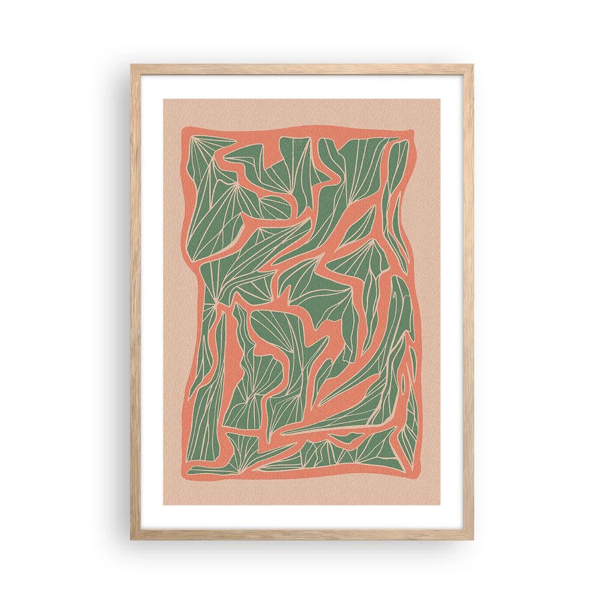 Poster in einem Rahmen aus heller Eiche - Kampf zwischen Korallen und Grün - 50x70 cm