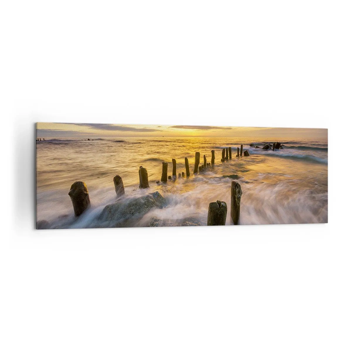 Bild auf Leinwand - Leinwandbild - Sonnenuntergang über dem Meer mit den Überresten eines alten Piers - 160x50cm - Die raue Schönheit der Ostsee - Moderne Wanddekoration für Wohnzimmer und Schlafzimmer ARTTOR