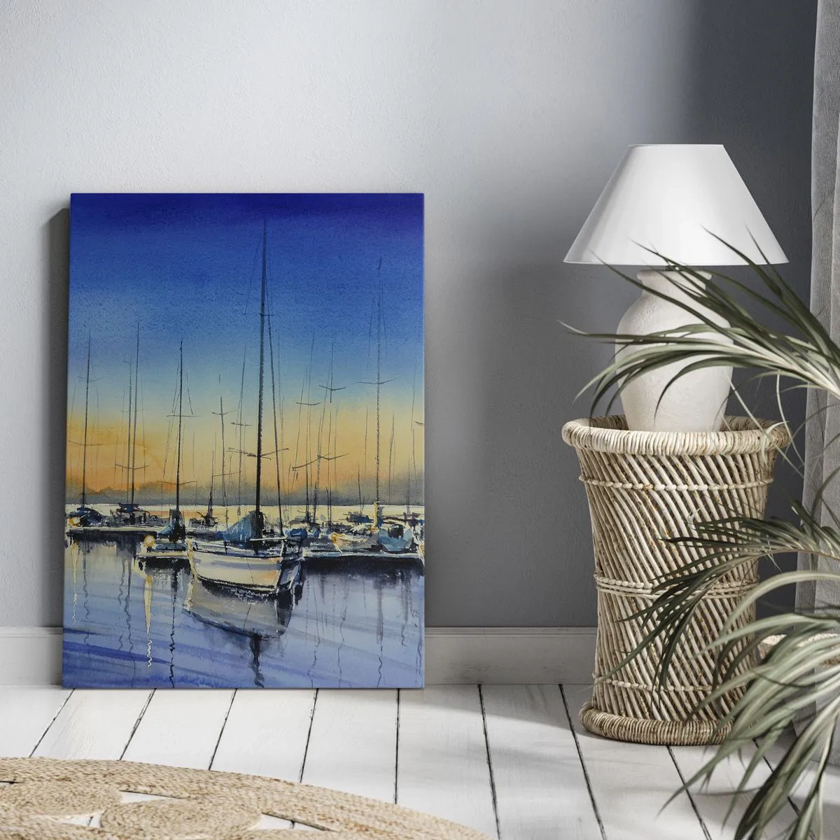 Bild auf Leinwand - Leinwandbild - Yachthafen bei Sonnenuntergang mit Spiegelungen auf dem Wasser - 50x70cm - Ende eines guten Tages - Moderne Wanddekoration für Wohnzimmer und Schlafzimmer ARTTOR