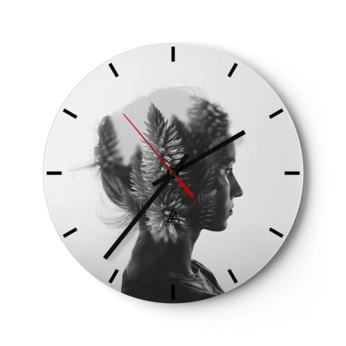 Wanduhr - Glasuhr - Profil einer Frau mit einem Pflanzenmotiv im Hintergrund - 30x30cm - Dame des Kiefernwaldes - Moderne Wanddekoration für Wohnzimmer, Küche und Schlafzimmer ARTTOR