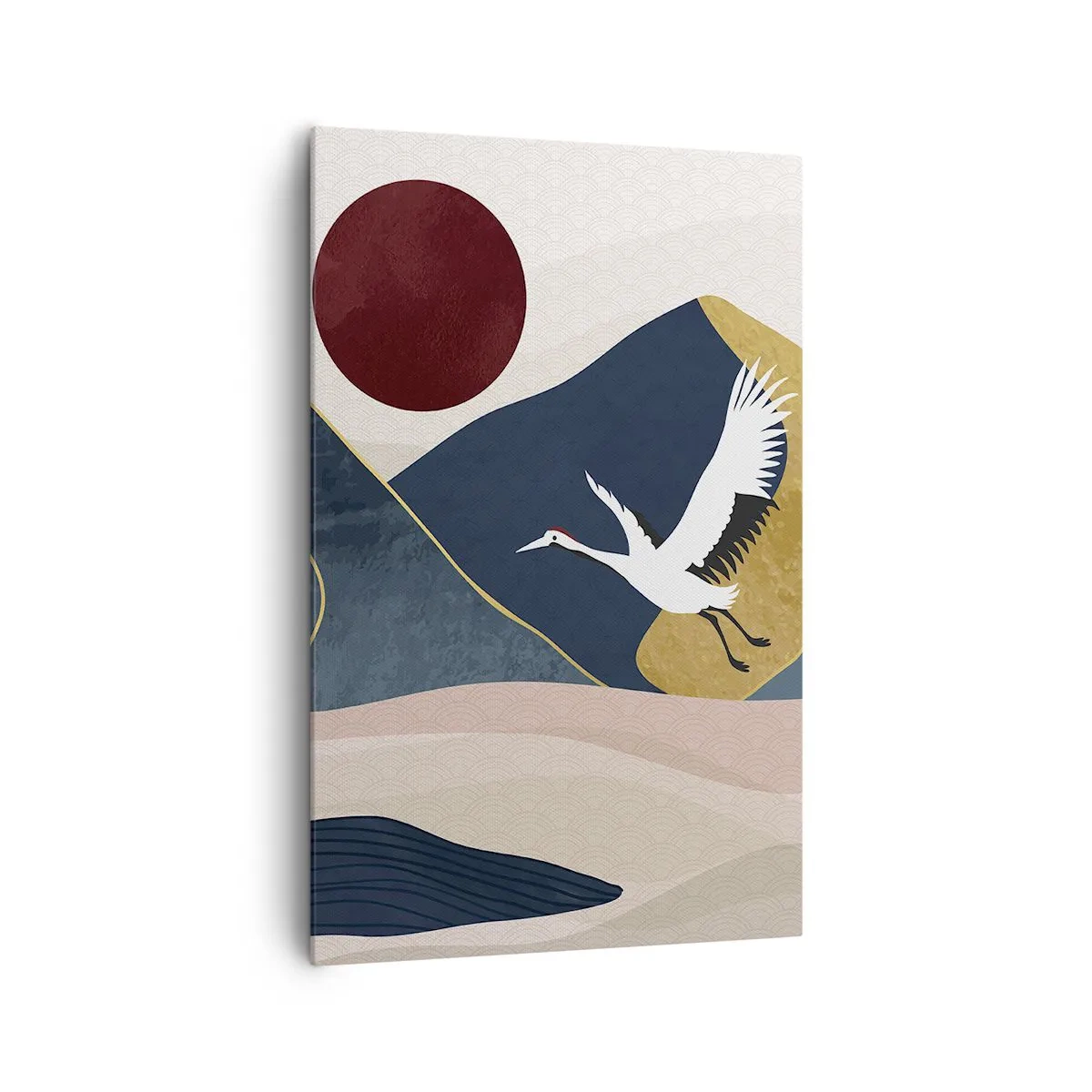 Bild auf Leinwand - Leinwandbild - Kraniche im Flug vor der Kulisse der Berge und einer roten Sonne - 80x120cm - Es ist wieder ein Tag VERFLOGEN - Moderne Wanddekoration für Wohnzimmer und Schlafzimmer ARTTOR