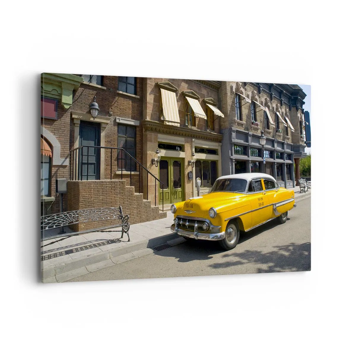 Bild auf Leinwand - Leinwandbild - Ein gelbes Taxi auf einer Straße mit Mietshäusern - 120x80cm - Vor langer Zeit in Amerika - Moderne Wanddekoration für Wohnzimmer und Schlafzimmer ARTTOR