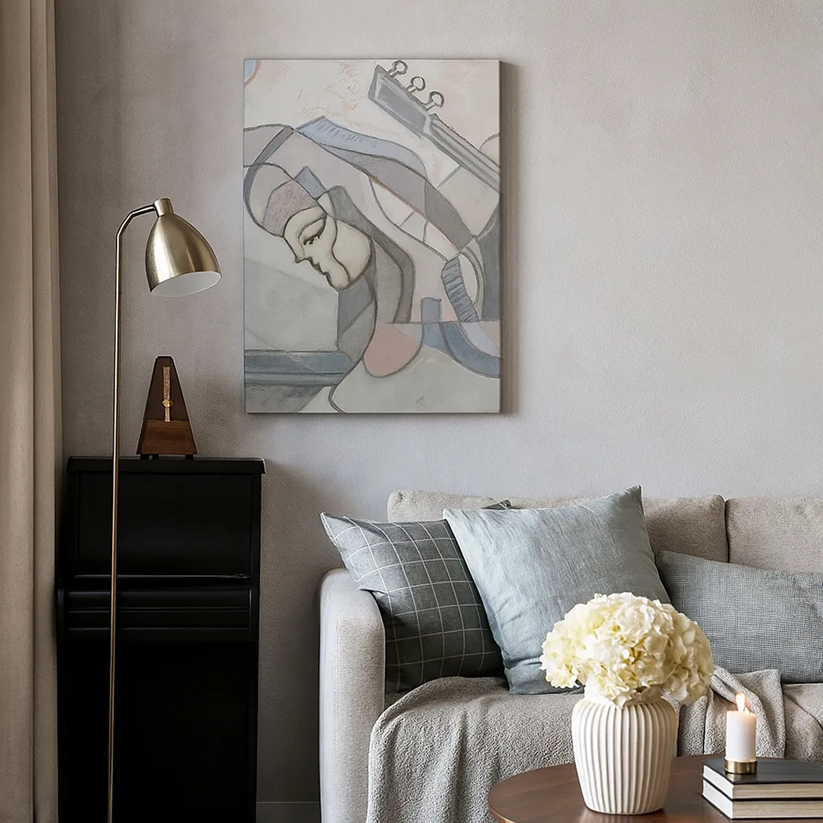 Bild auf Leinwand - Leinwandbild - Eine abstrakte Figur mit einer Gitarre in Pastellfarben. - 50x70cm - In der Kraft der Musik - Moderne Wanddekoration für Wohnzimmer und Schlafzimmer ARTTOR