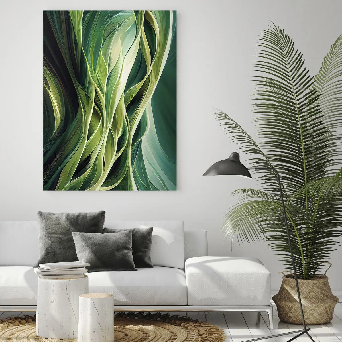Glasbild - Bild auf glas - Abstrakte grüne Wellen mit organischen Formen - 50x70cm - Abstraktes grünes Spiel - Moderne Wanddekoration für Wohnzimmer und Schlafzimmer ARTTOR