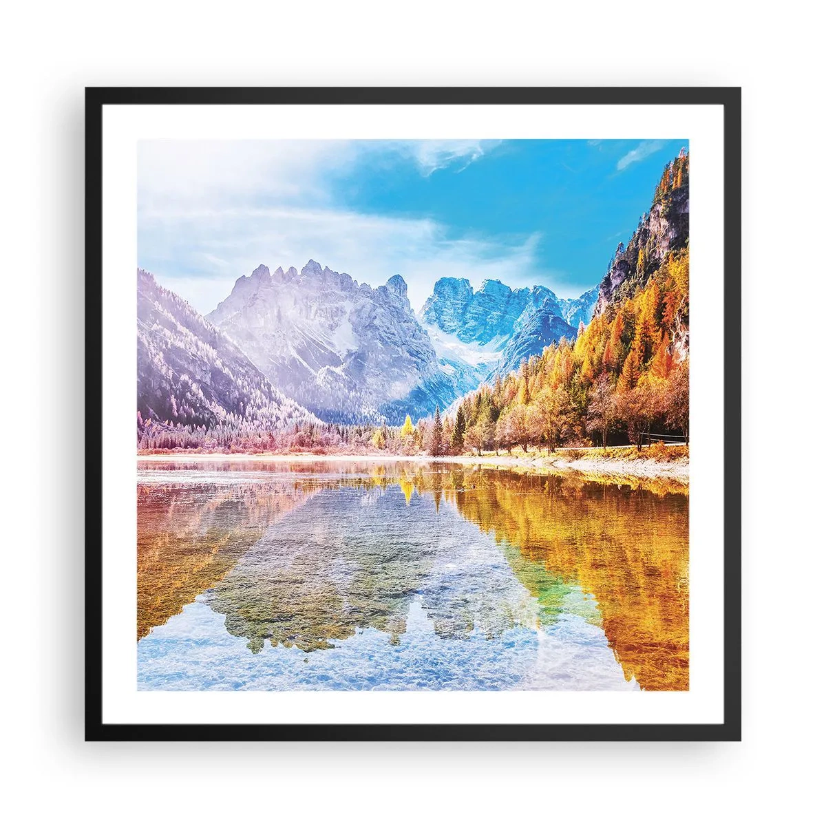 Poster in einem schwarzem Rahmen - Und in den Bergen ist es schon Herbst - 60x60 cm