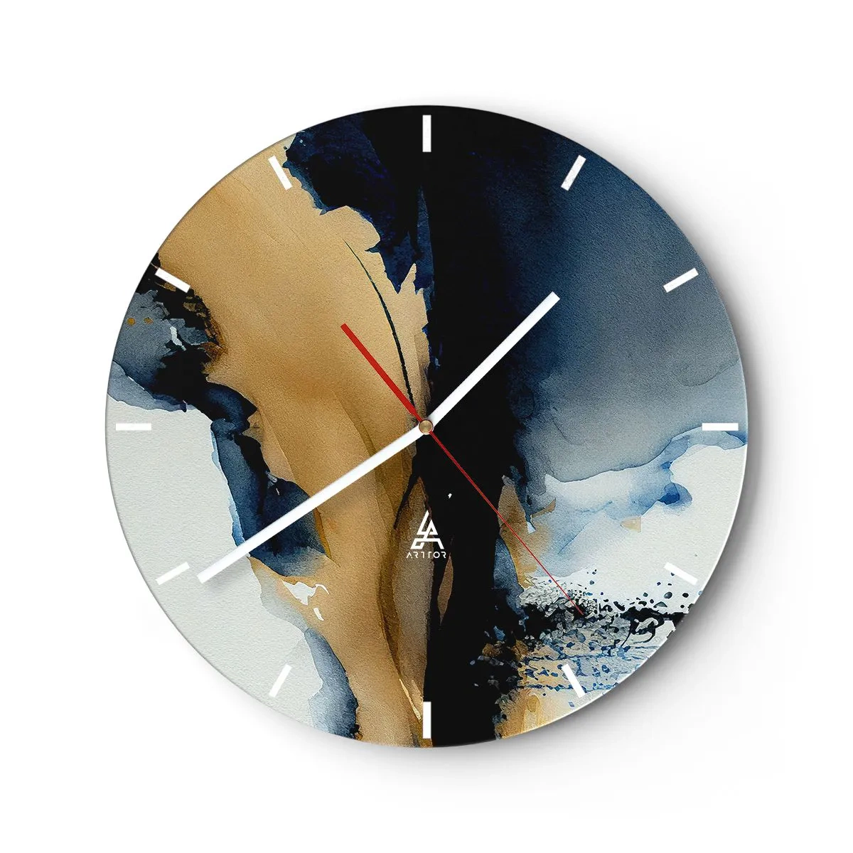 Wanduhr - Glasuhr - Abstraktes Aquarell mit einem Kontrast aus Marineblau und Beige - 30x30cm - Hinter dem Vorhang - Moderne Wanddekoration für Wohnzimmer, Küche und Schlafzimmer ARTTOR