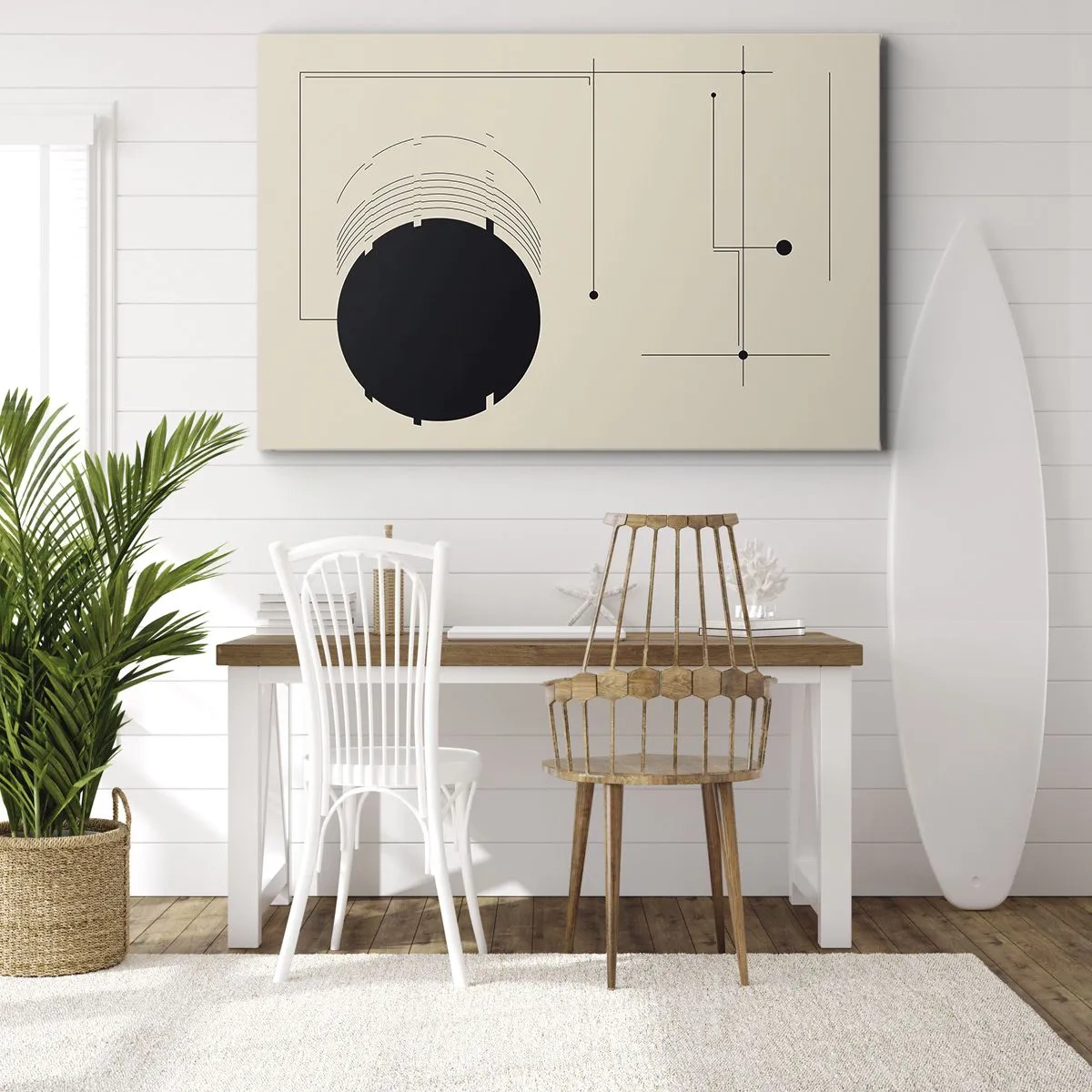 Bild auf Leinwand - Leinwandbild - Schwarze geometrische Linien und ein Kreis auf beigem Hintergrund - 70x50cm - Flexible und dynamische Komposition - Moderne Wanddekoration für Wohnzimmer und Schlafzimmer ARTTOR