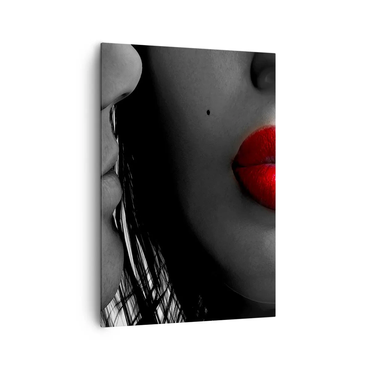 Bild auf Leinwand - Leinwandbild - Nahaufnahme der Gesichter einer Frau und eines Mannes mit roten Lippen. - 70x100cm - Gesicht am Gesicht - Moderne Wanddekoration für Wohnzimmer und Schlafzimmer ARTTOR