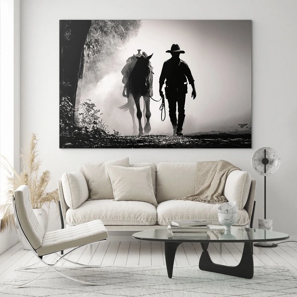 Glasbild - Bild auf glas - Silhouette eines Cowboys, der ein Pferd durch eine neblige Landschaft führt - 120x80cm - Texas-Morgen - Moderne Wanddekoration für Wohnzimmer und Schlafzimmer ARTTOR