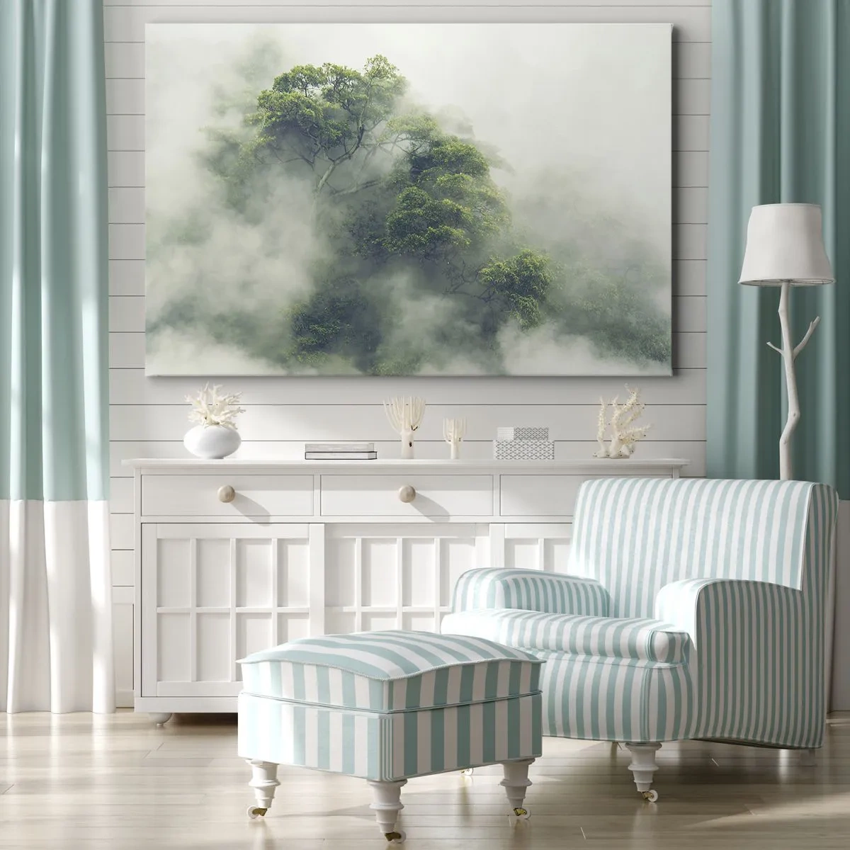 Bild auf Leinwand - Leinwandbild - Grüne Bäume im dichten Nebel vor einem natürlichen Hintergrund - 70x50cm - In Nebel gehüllt - Moderne Wanddekoration für Wohnzimmer und Schlafzimmer ARTTOR