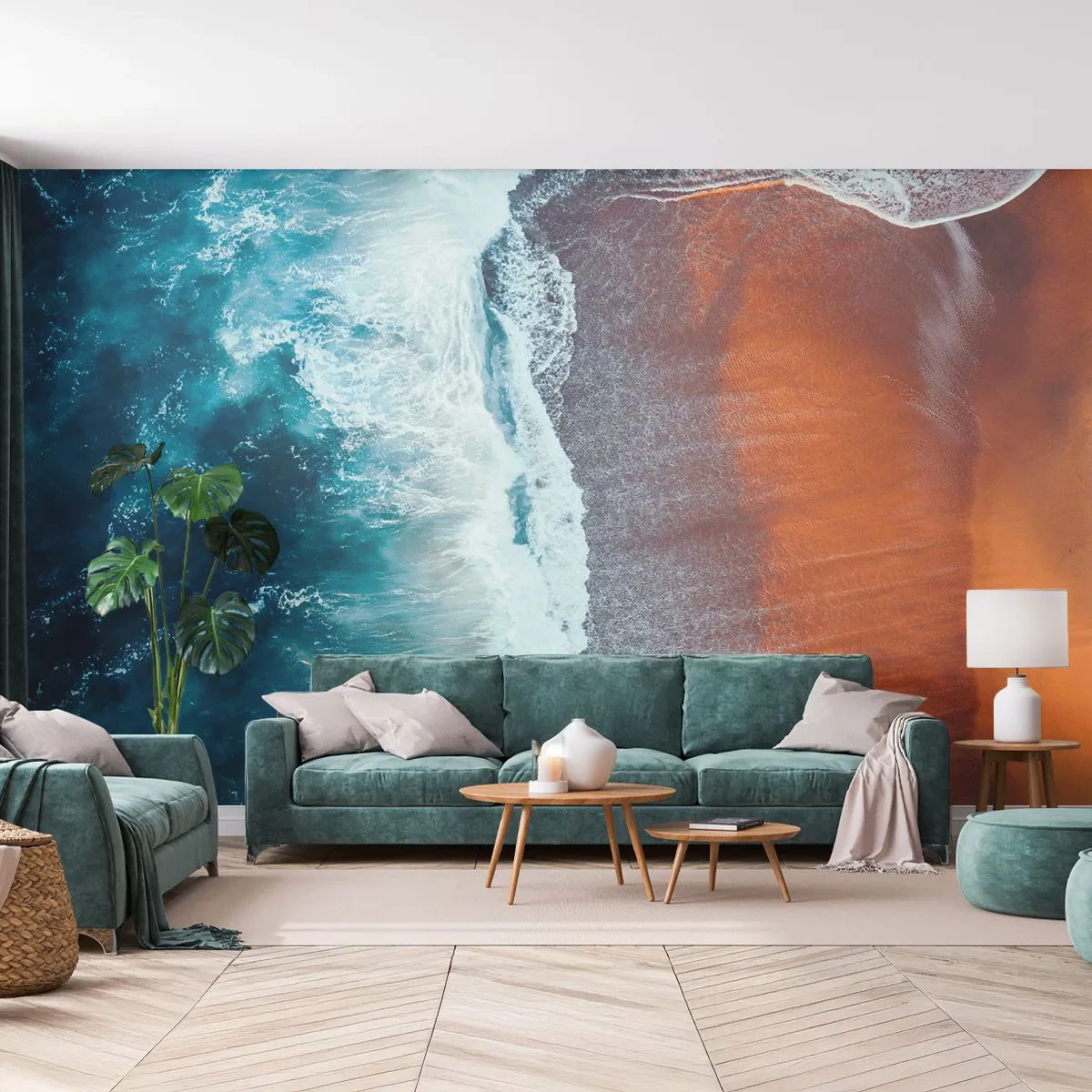 Fototapete Premium Sand - Meereswellen brechen an den orangefarbenen Strand - 100x70cm - Berührung des Ozeans - Moderne Wanddekoration für Wohnzimmer und Schlafzimmer ARTTOR