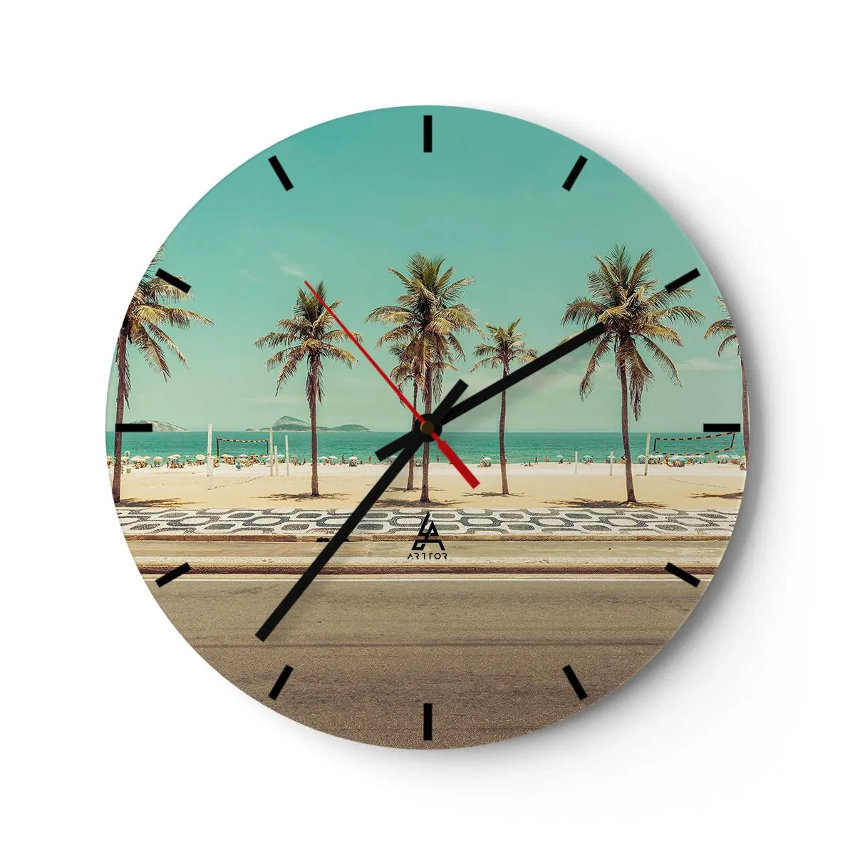 Wanduhr - Glasuhr - Palmen und ein Strand mit Promenade am türkisfarbenen Meer - 30x30cm - Beim Bewachen des Strandes - Moderne Wanddekoration für Wohnzimmer, Küche und Schlafzimmer ARTTOR