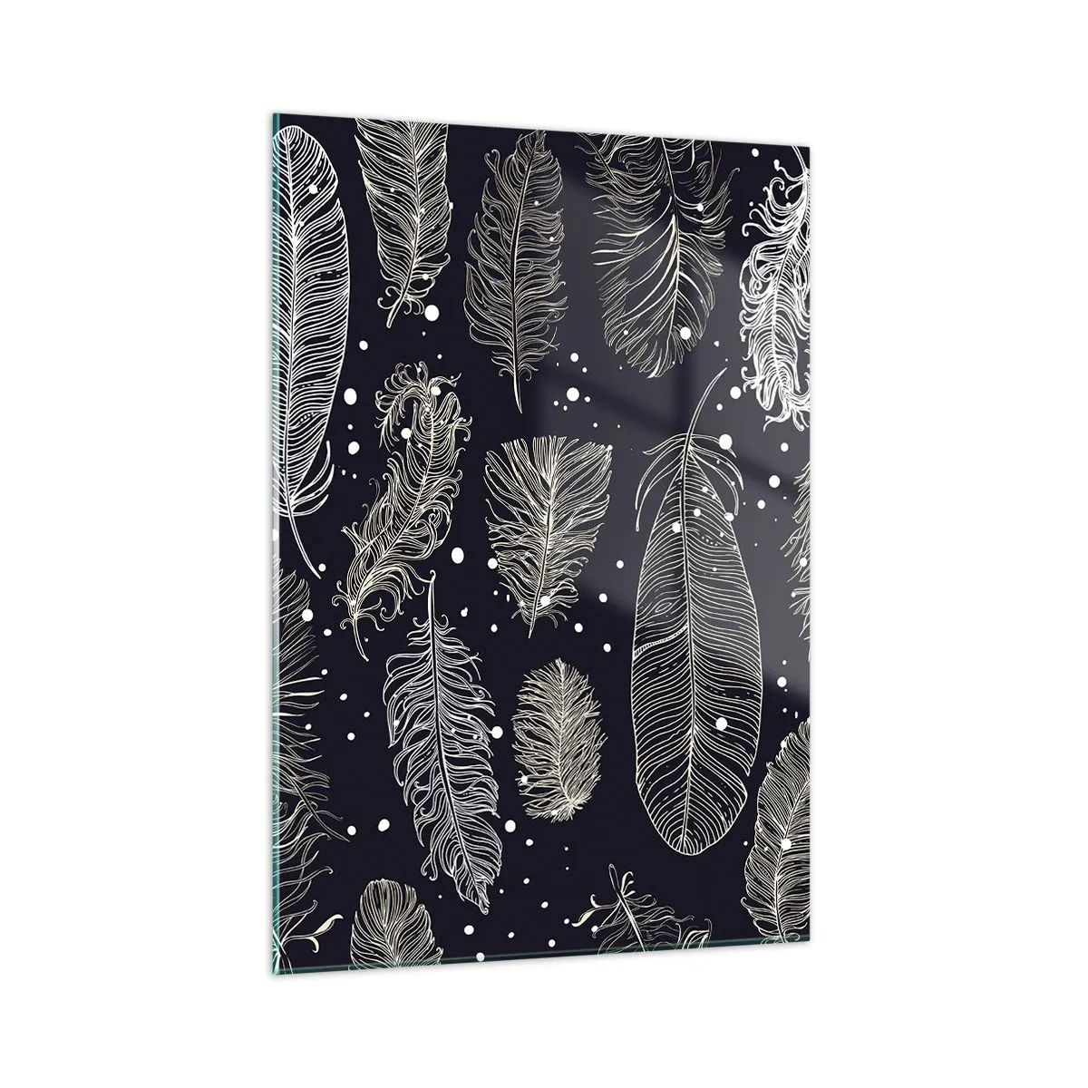 Glasbild - Bild auf glas - Weiße Federn auf schwarzem Hintergrund mit subtilen Details - 50x70cm - Gefiederte Spitze - Moderne Wanddekoration für Wohnzimmer und Schlafzimmer ARTTOR