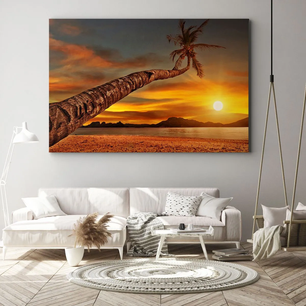 Bild auf Leinwand - Leinwandbild - Palme am Strand bei Sonnenuntergang mit Blick auf das Meer - 70x50cm - Exotischer Urlaub, karibisches Abenteuer - Moderne Wanddekoration für Wohnzimmer und Schlafzimmer ARTTOR