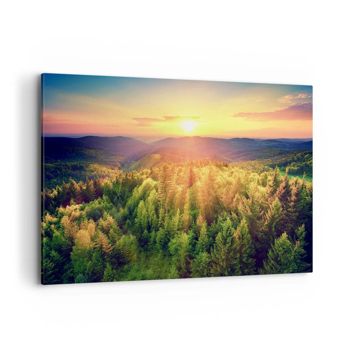 Bild auf Leinwand - Leinwandbild - Waldlandschaft mit Sonnenuntergang über den Hügeln - 120x80cm - Scheitelpunkte und Spitzen - Moderne Wanddekoration für Wohnzimmer und Schlafzimmer ARTTOR